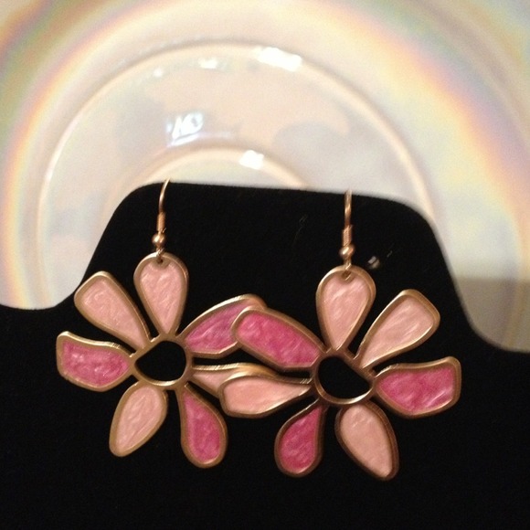 Gold and pink flower fishhook earrings