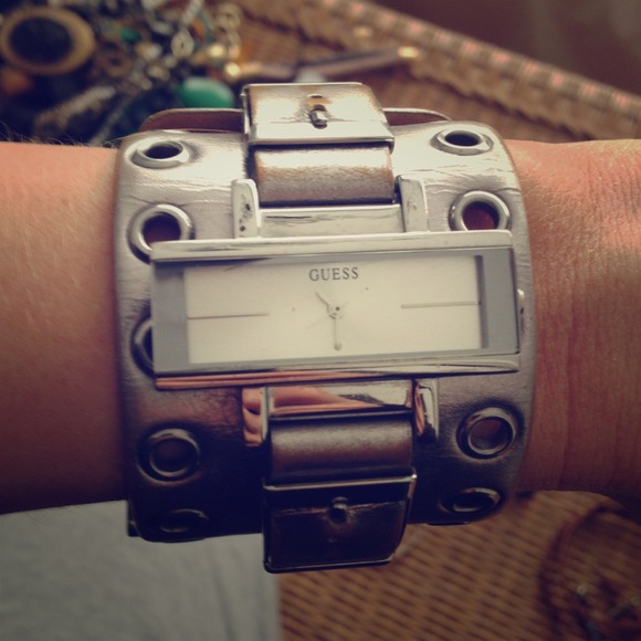 Silver leather guess watch