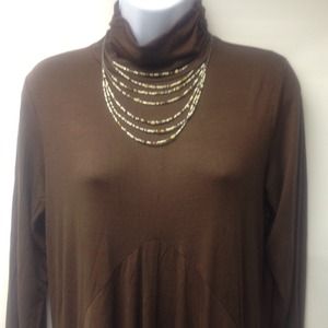 Mock Turtleneck Long Brown Tunic Top