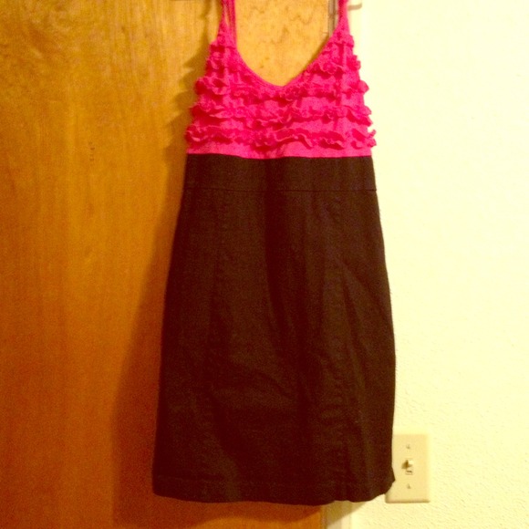 Black and Pink Ruffle Bust Mini Dress