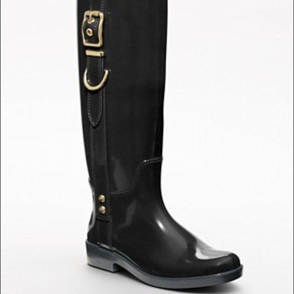 MUST GO! COACH "TASHA"BLK RUBBER GOLD BUCKLE BOOTS