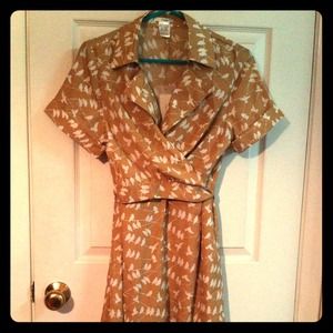 Tan and cream bird print wrap dress