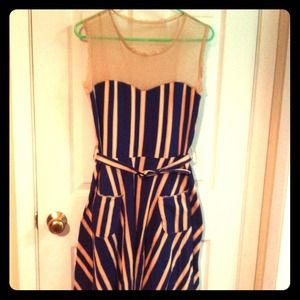 Retro style navy and beige striped A-line  dress
