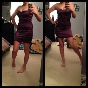 Purple strapless dress.