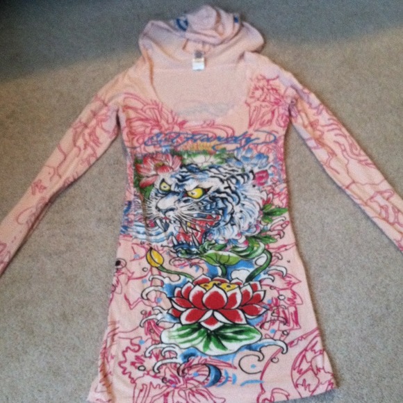 Ed hardy Long pink hooded shirt