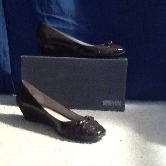 Dark Brown patent leather and suede wedge loafers