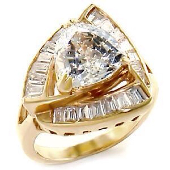 Gold plated clear trillion cut CZ cocktail ring
