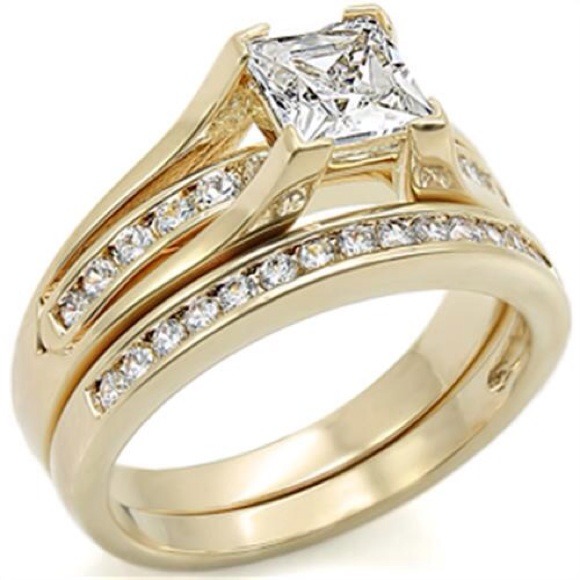 Gold plated wedding set with clear princess cut CZ
