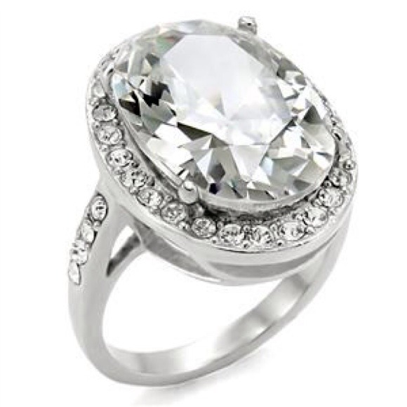 Stainless steel clear oval CZ cocktail ring