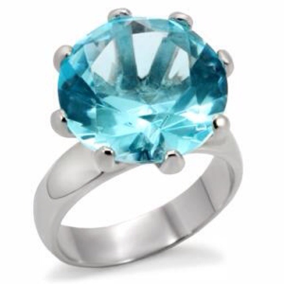 Stainless steel aquamarine round CZ cocktail ring