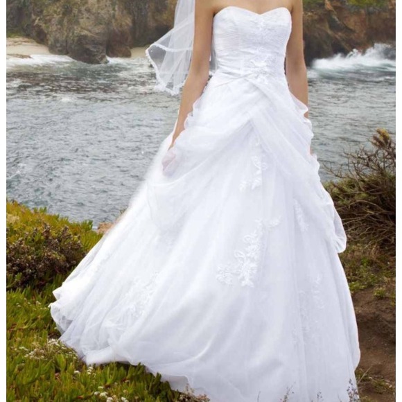 Davids bridal wedding gown,veil, head piece, & ect