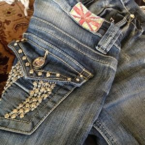 Muchine Brand weathered and jeweled blue jeans