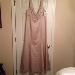 Champagne, floor length formal.