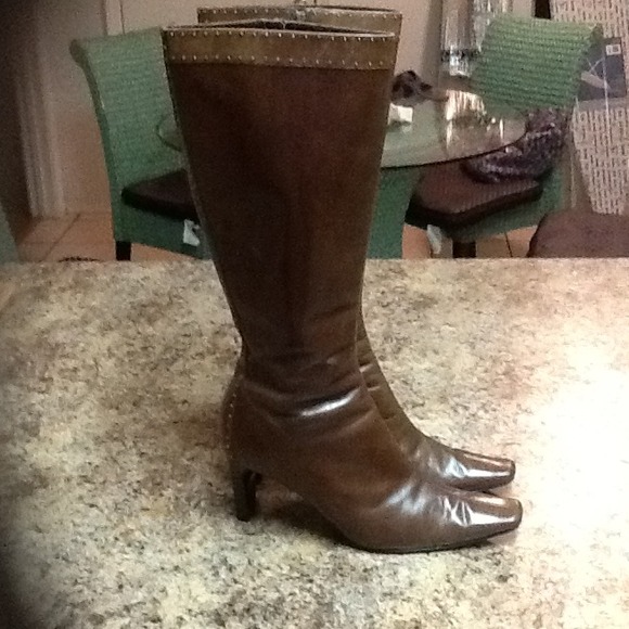 Brown leather studded knee high boots