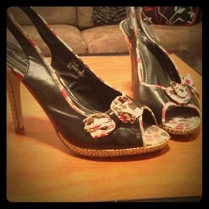 Black, off white, and red sling back heels