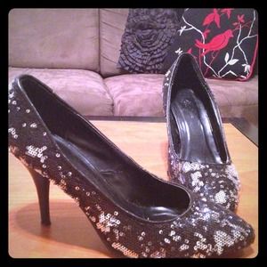 Black and silver sequined heels