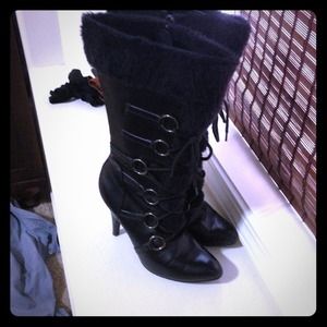 Furry Black Knee High Boots