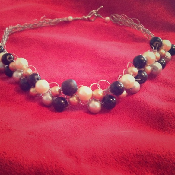 Sterling necklace - black white silver gold beads