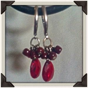 Red bead cluster earring with silver wire