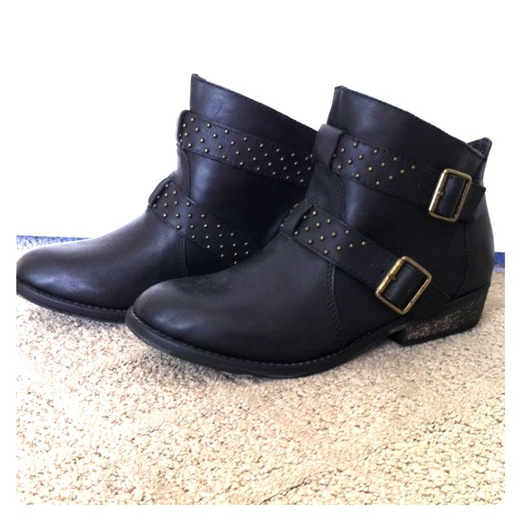 Black studded buckle booties, size 6.5