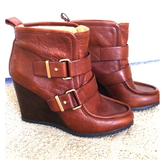 Medium brown buckle wedge booties, size 6