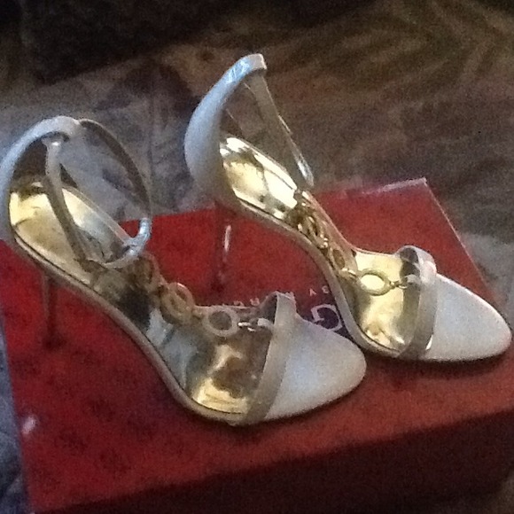 GUESS white sandals with gold heel