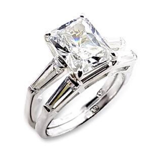Silver tone clear emerald cut CZ wedding ring set