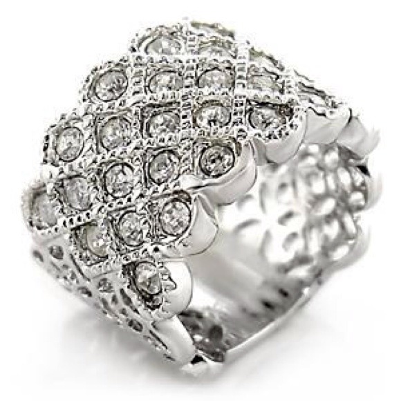 Silver tone rhodium plated clear crystal pave band