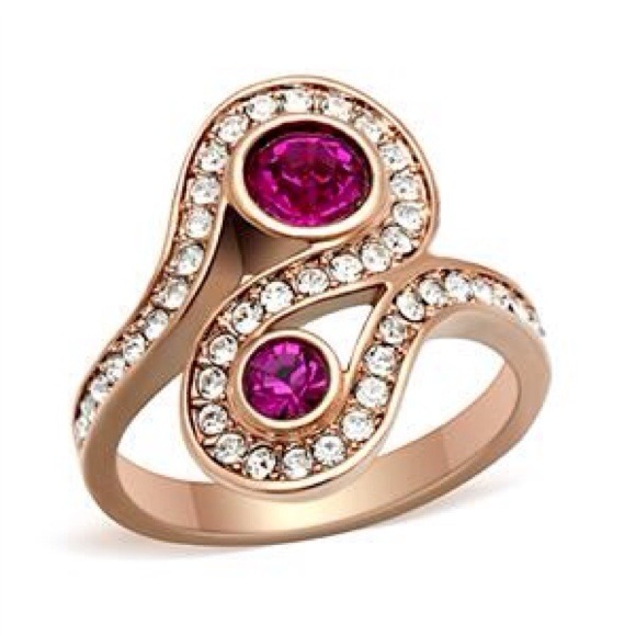 Rose gold plating fuchsia & clear CZ cocktail ring