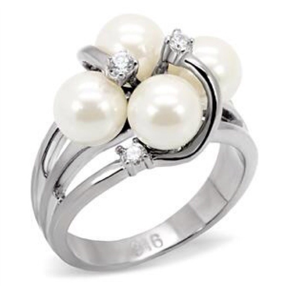 Stainless steel white synthetic pearl bridal ring