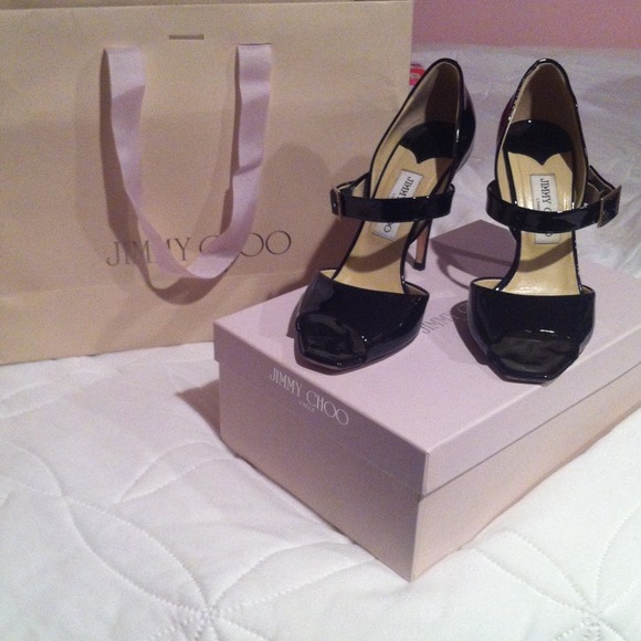 Jimmy Choo--shiny black peep-toe heels - Picture 1 of 2