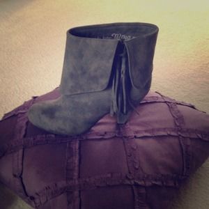 Gray faux leather heeled booties, fringe detail