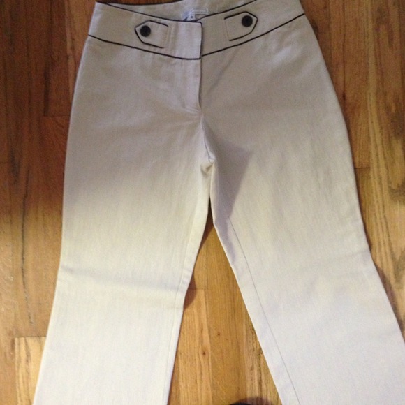 Off white pants with blue tiny stripes and trim. - Picture 1 of 3
