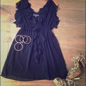 Black chiffon ruffle front dress