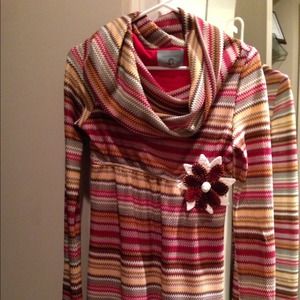 Cowl neck, long sleeve dress with pin