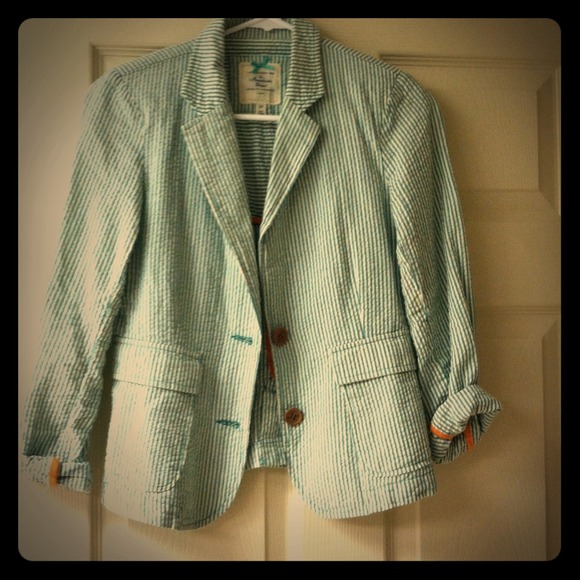 Green and white striped seersucker blazer