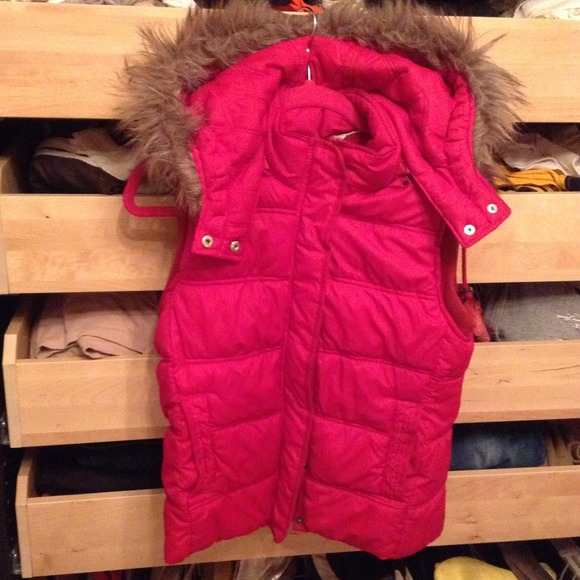 SOLD Brand new red puffy vest with fur hood lining