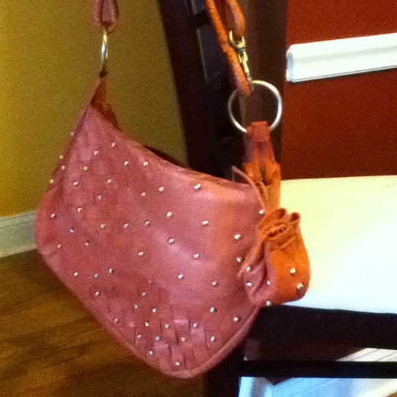 Maximum Designer gold studded coral peach bag