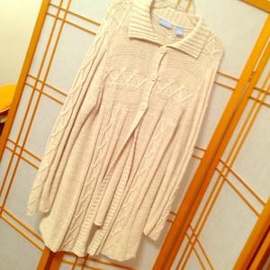 Tan cardigan maternity sweater.