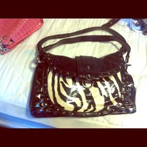Black pleather zebra studded tote from buckle