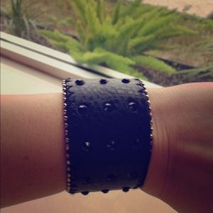 Black Faux Leather Bracelet with Rhinestones