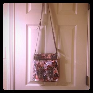 Brown, pink, and white long strapped purse!