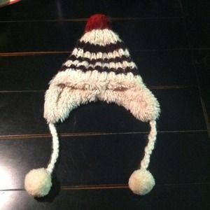 Fuzzy puff ball striped winter hat