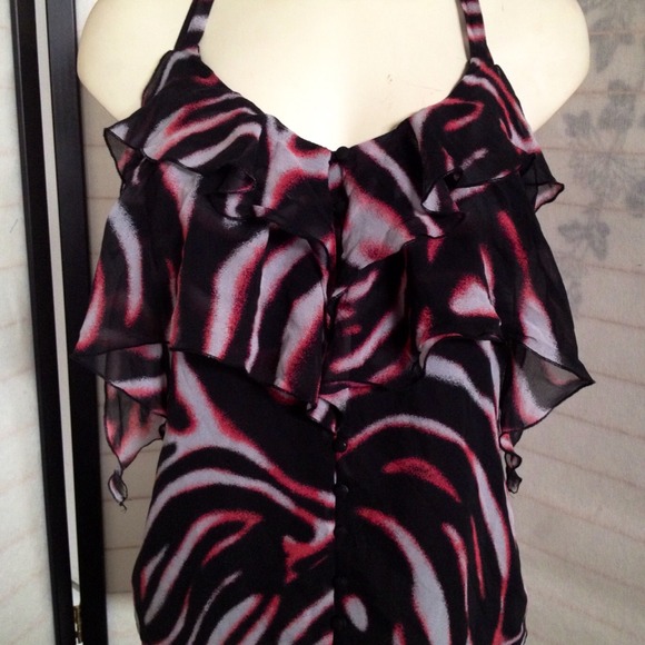 Bebe Red Black White Abstract Print Ruffle Halter