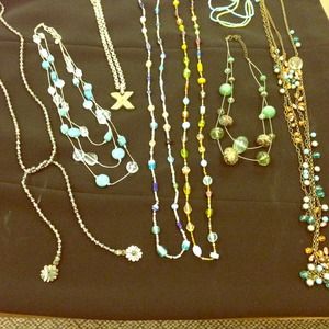 Collection of necklaces in blues and greens