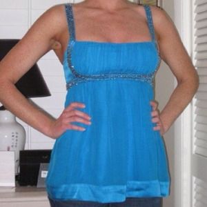 ❌SOLD❌ bebe Aqua Blue Babydoll Top w/ Sequins