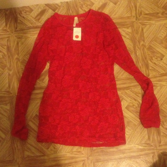 Red long sleeve full lace shirt