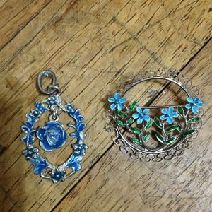 Blue flower pendant and brooch