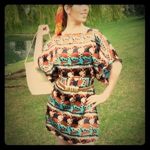  BCBG XS silk tribal print dress orange teal