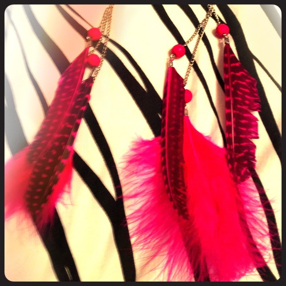 Zebra pink and black feather earrings.
